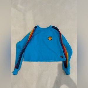 Aviator Nation Neon Blue Smiley Face Classic Stripe Cropped Crewneck. Size M.